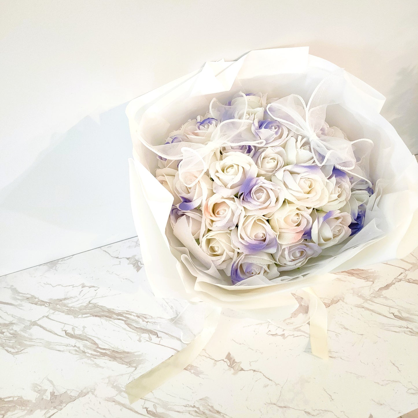 Everlasting Roses in White Bouquet (Purple)