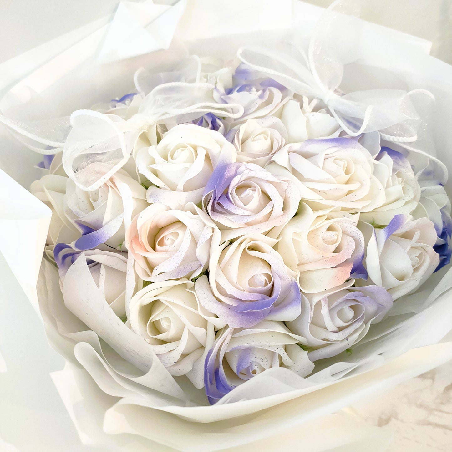 Everlasting Roses in White Bouquet (Purple)