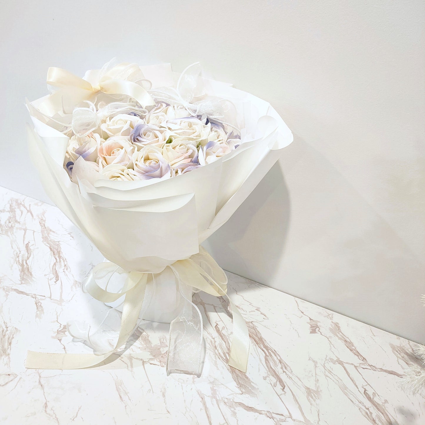 Everlasting Roses in White Bouquet (Purple)
