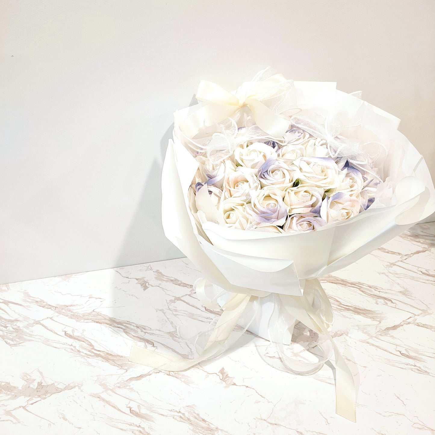 Everlasting Roses in White Bouquet (Purple)
