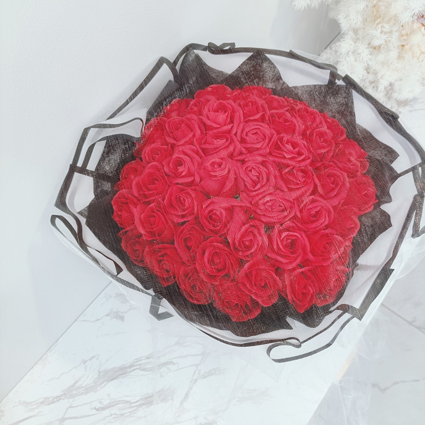 Grand Everlasting Roses in White Bouquet Black trim
