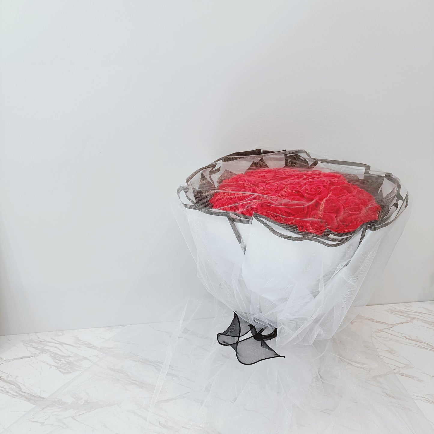Grand Everlasting Roses in White Bouquet Black trim