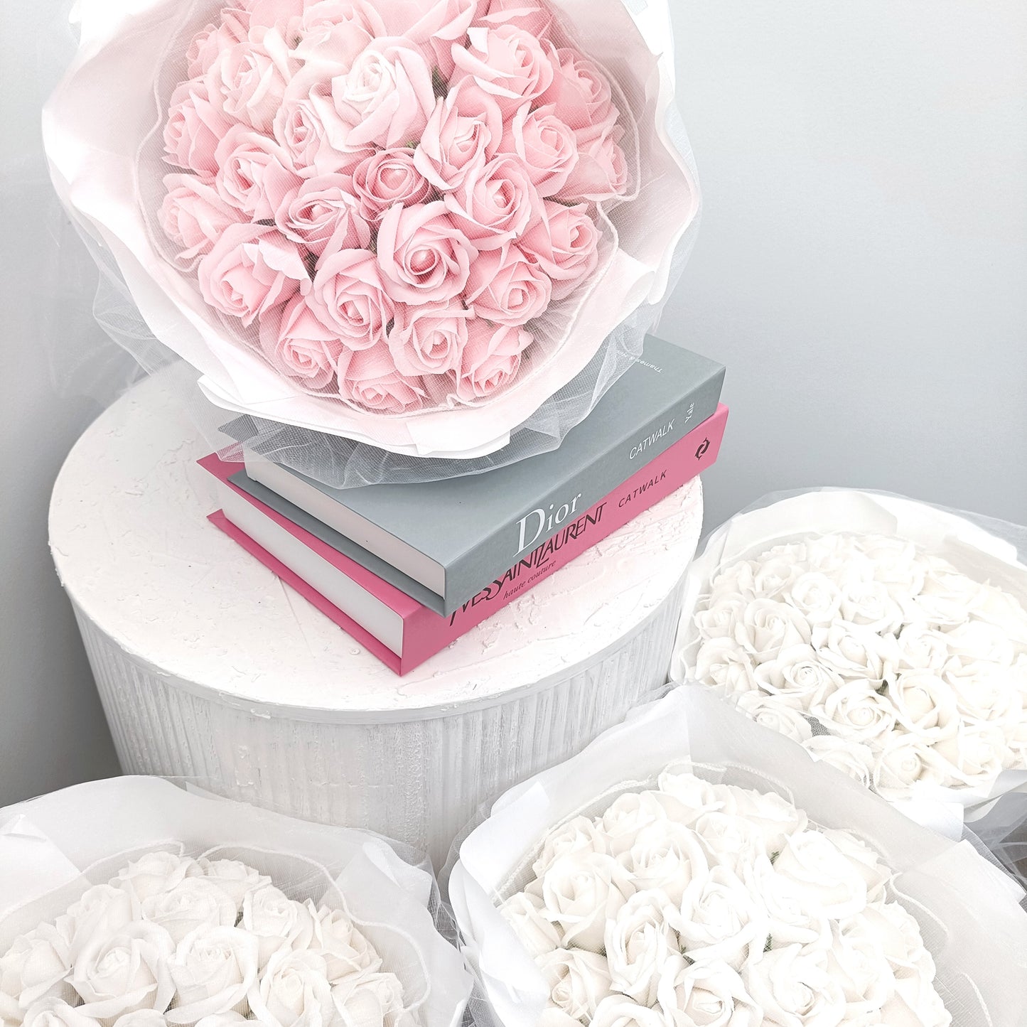 Grand Everlasting Roses in White Bouquet (Pink Roses)