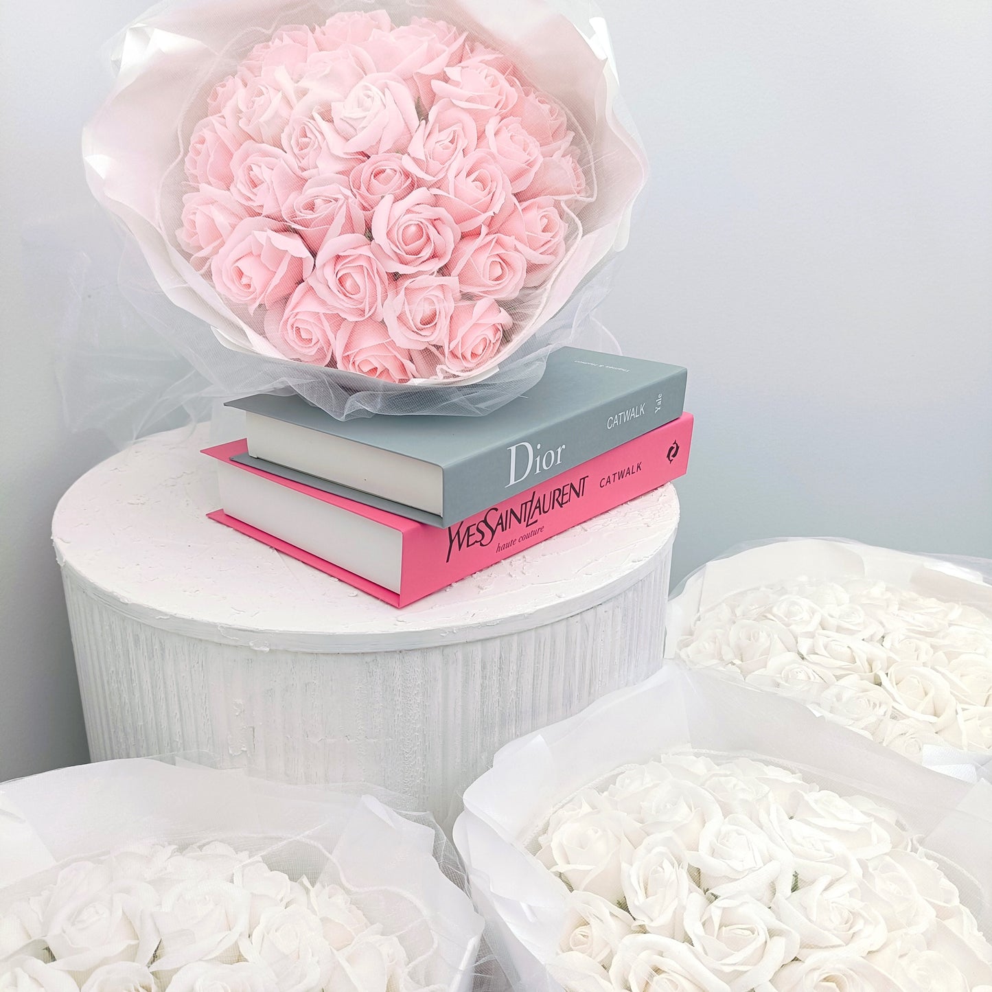 Everlasting Roses in White Bouquet (Pink Roses)