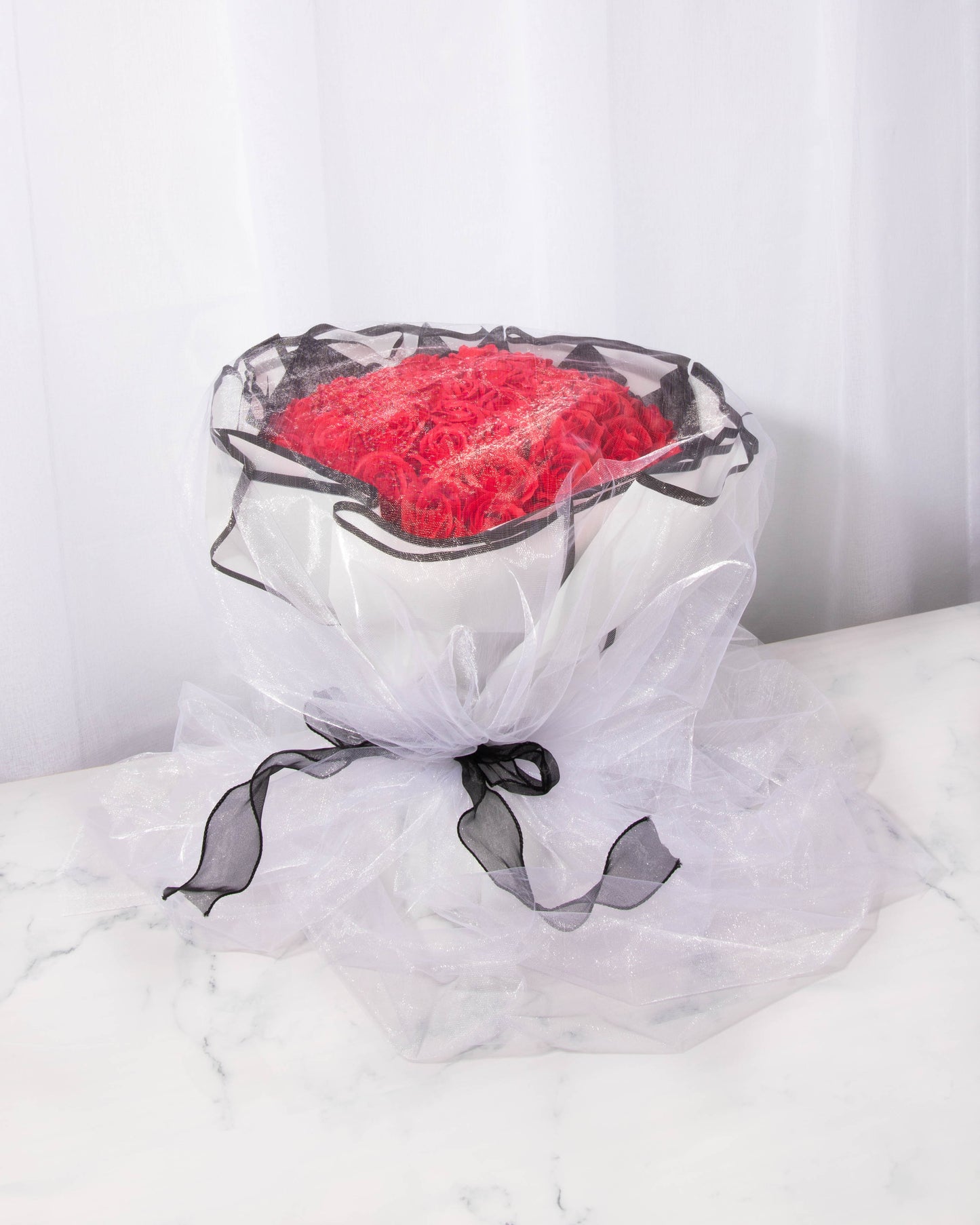 Everlasting Roses in White Bouquet Black trim